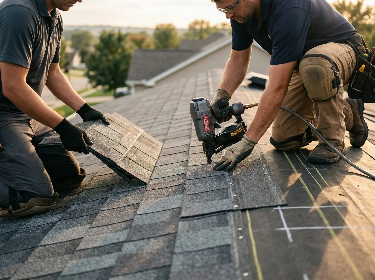 Professional roofer working on a residential roof in Arbutus